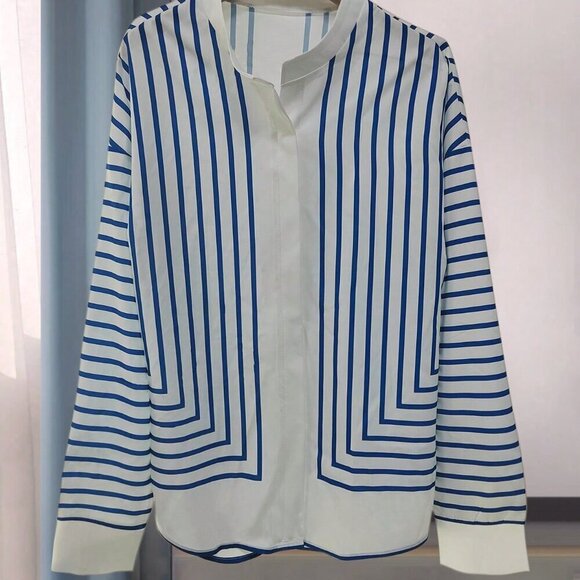 Blue Casual Women's Elegant Striped Loose Shirt - Picture 4 of 4